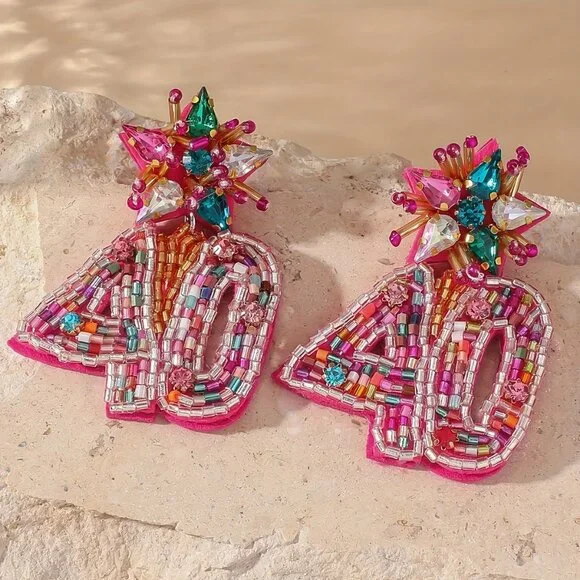 Women’s 40th Birthday Large Beaded Dangle Statement Earrings (NEW‎ & SO CUTE!)