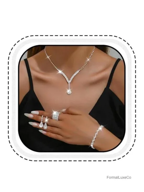 Crystal Bridal Wedding Jewelry Set Silver Necklace Earrings Costume Jewelry