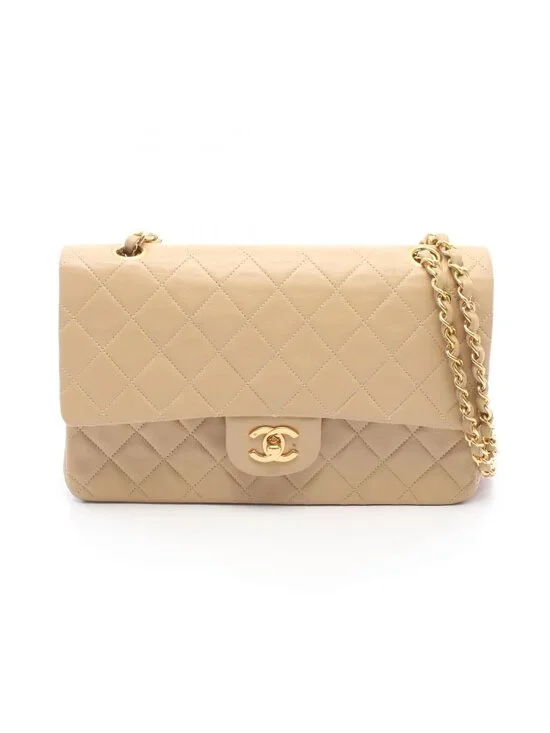 Chanel Shoulder Bag Quilted Double Flap Beige Lambskin Chain