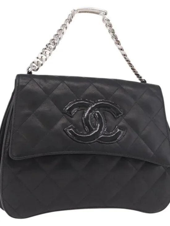 CHANEL Matelasse Chain Hand Bag Lamb Skin Black Silver CC Auth 185765