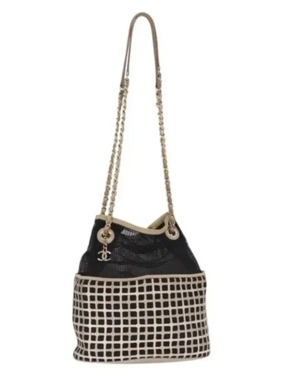 CHANEL Chain Shoulder Bag Nylon Leather Black Gold CC Auth bs32086