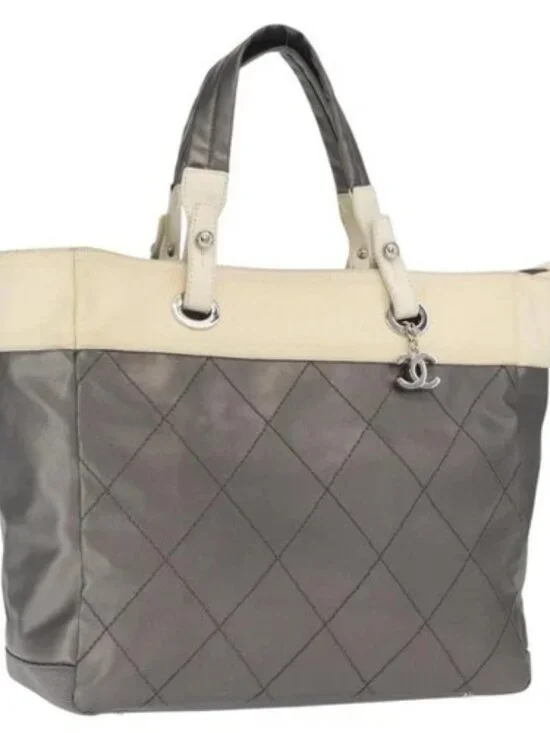 CHANEL Paris Biarritz GM Tote Bag Nylon Silver CC Auth BA10114