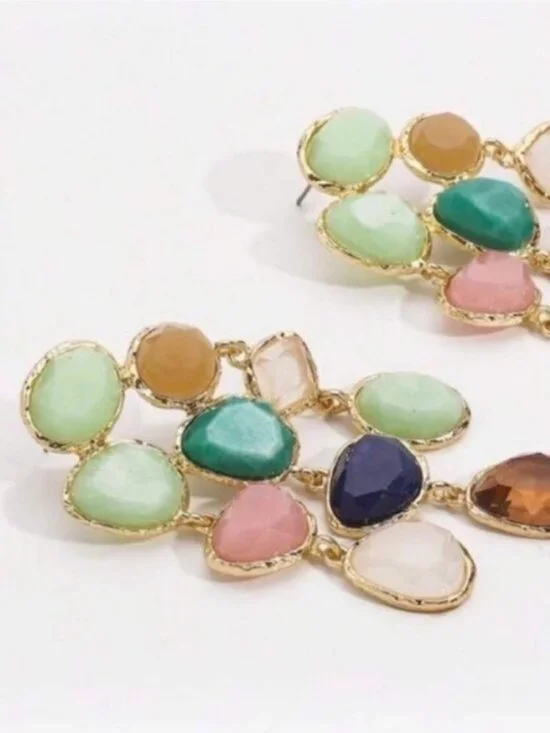 New! Earthy Multicolor Gemstone Gold Drop Earrings (3002) NWOT