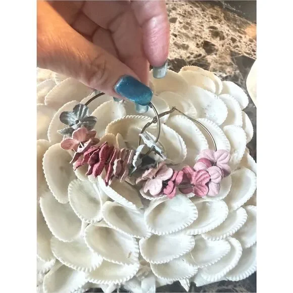 Anthropologie Floral Hoop Earrings Pink Burgundy Mauve Statement Earrings