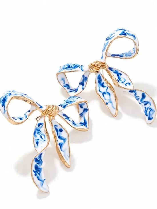 New! Preppy Coastal Blue Oil Drip Porcelain Bow Gold Earrings (3008) NWOT
