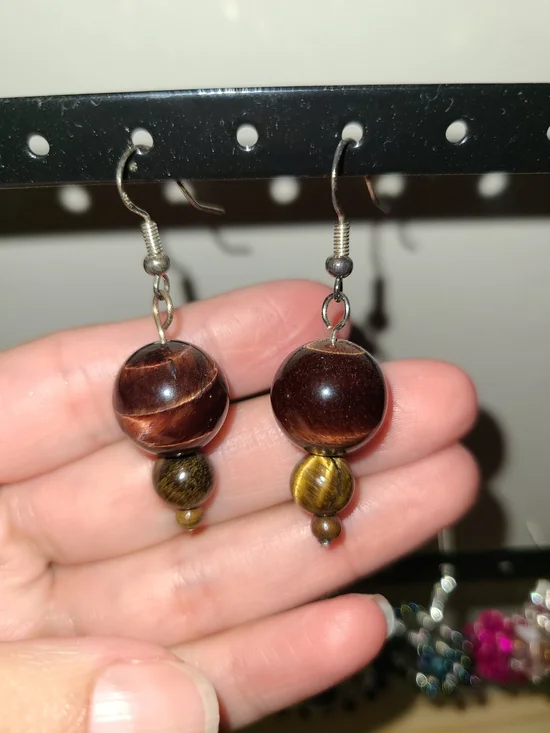 Handmade Tigers Eye & Bronzite Beaded Earrings & 925 Earwires