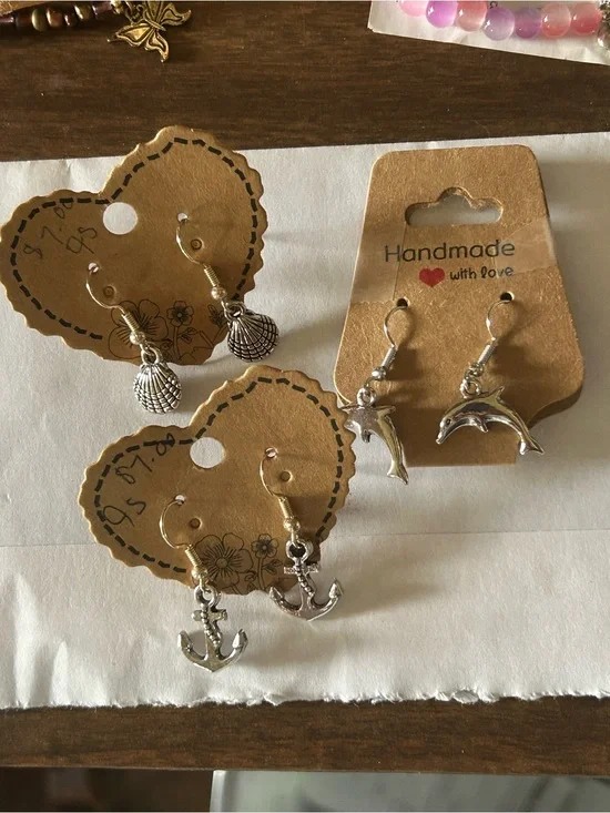 Silver Nautical Charm Earrings - Dolphin, Anchor & Shell