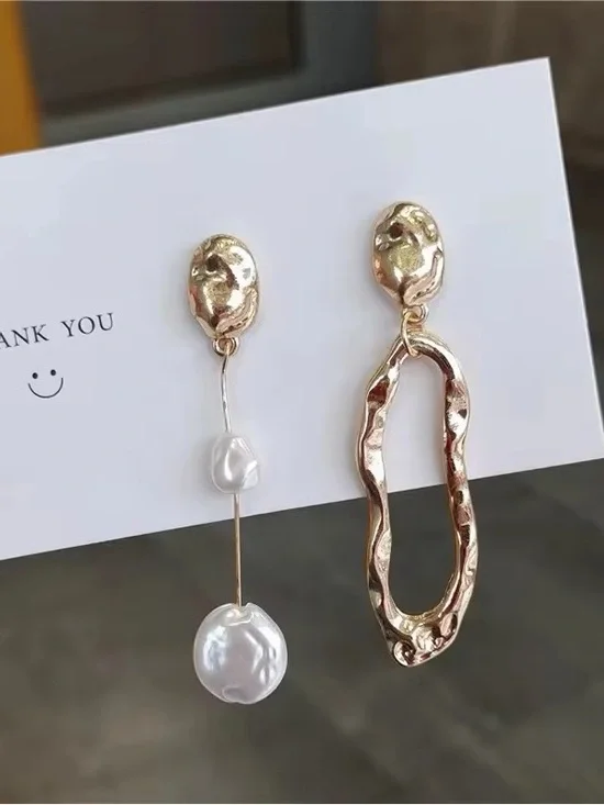 Gold Asymmetrical Hoop & Pearl Drop Earrings - Women Jewelry