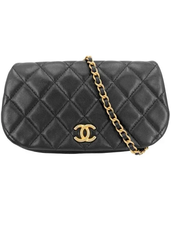 Chanel Shoulder Bag Quilted CC Logo Crossbody Chain Pochette Lambskin Black