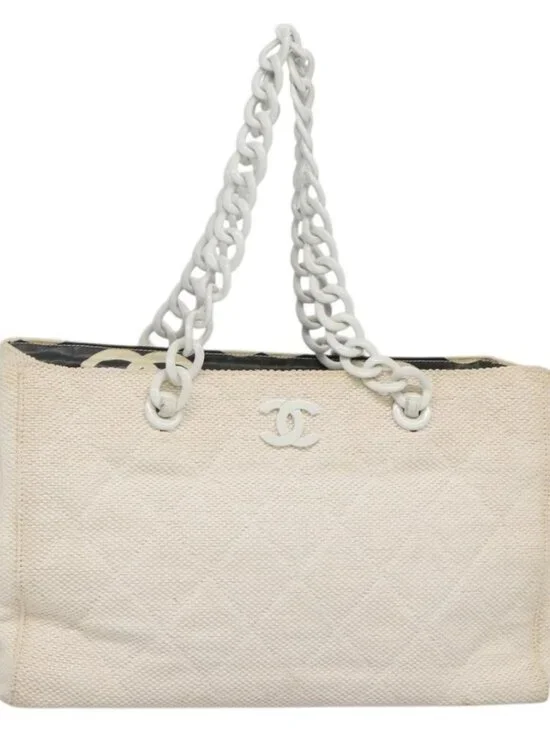 CHANEL Matelasse Chain Shoulder Bag Straw White Gold CC Auth 142166