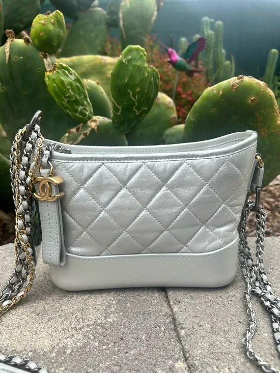 CHANEL Gabrielle - Small Quilted Crossbody Bag in Light Silver with CC Charm