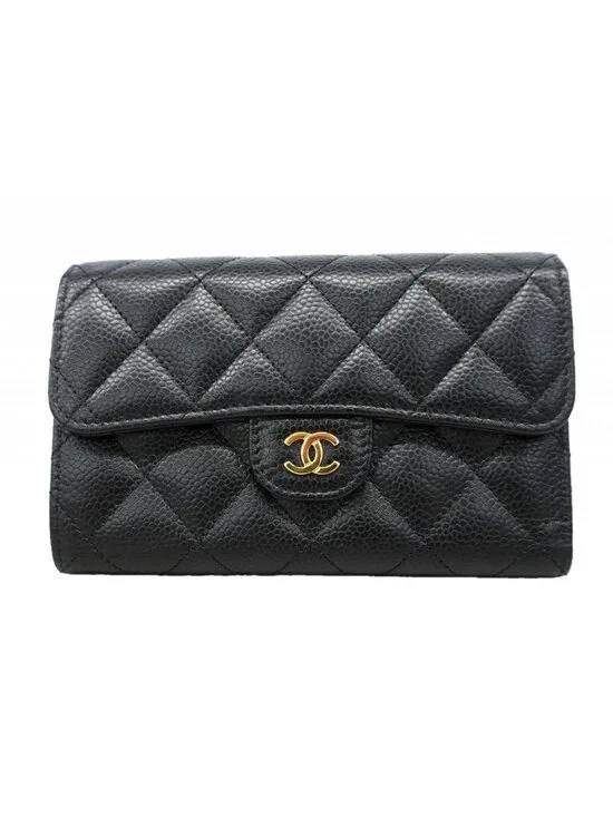 Chanel Trifold Wallet Quilted Caviar Leather Black Gold