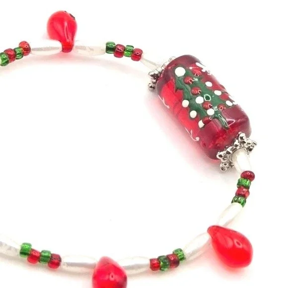Christmas Tree Glass Bead Bracelet Red‎ Green White Festive Holiday Jewelry Kids