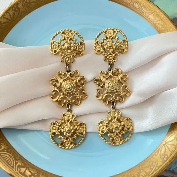 Vintage Gold Ornate Filagree Drop Statement Earrings