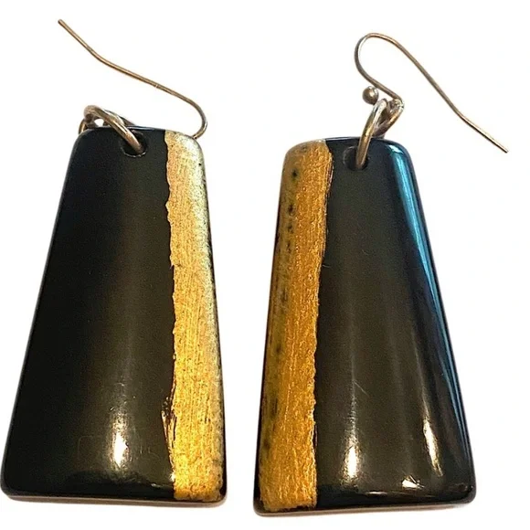 MCM vintage Earrings Wood triangles, painted black w gold. Drop, pierced, hook
