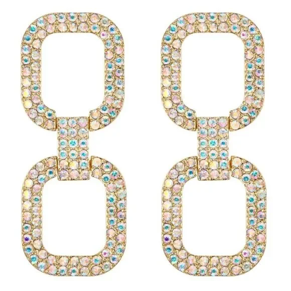 Yellow Gold with Iridescent AB Austrian Crystal Double Link Post Back Earrings