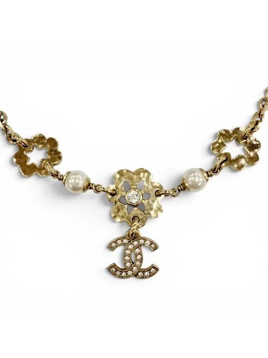 Chanel Rhinestone Pearl CC Logo Flower Motif Necklace Gold