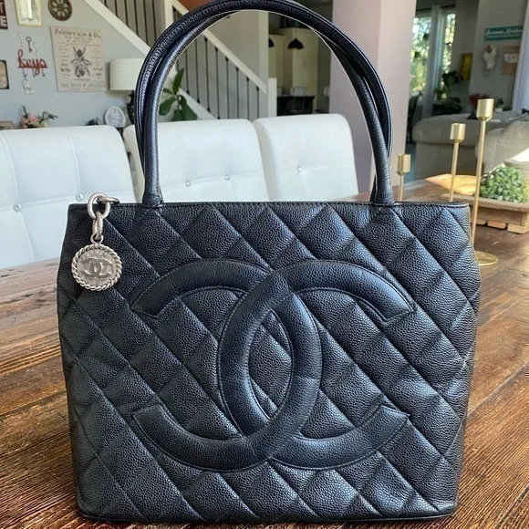 Chanel Caviar Quilted Leather CC Silver Medallion Tote