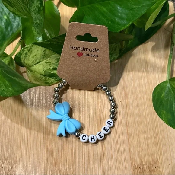 Silver Kids’ Stretchy Beaded Cheer Bracelet | Handmade‎ | Silicone Bow 📣✨