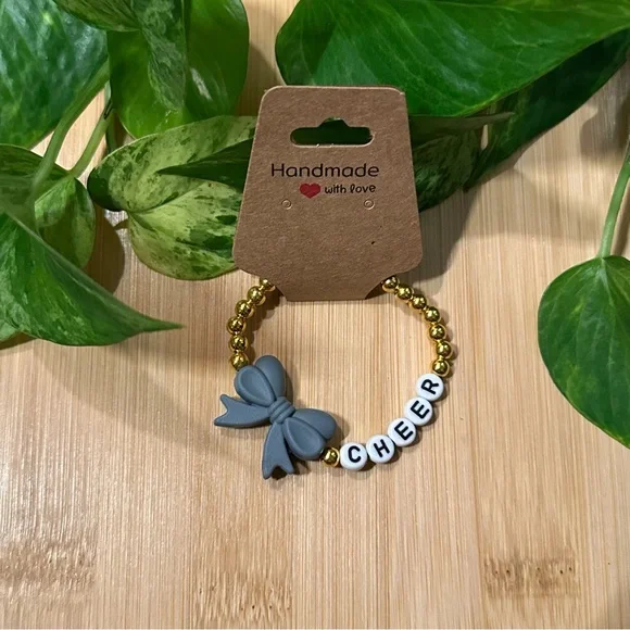 Gold Kids’ Stretchy Beaded Cheer Bracelet‎ | Handmade | Silicone Bow 📣✨