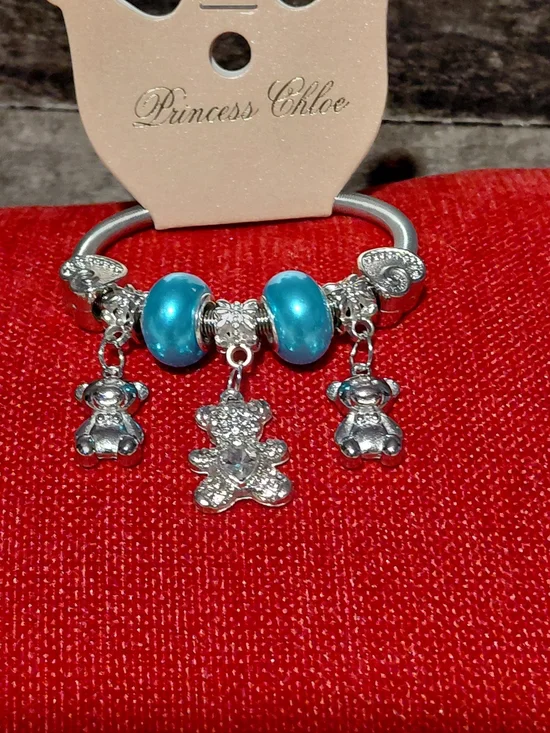 Silver Charm Bracelet with Turquoise Beads and Teddy Charms