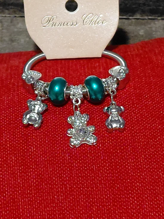 Silver Teddy Charm Bracelet with Teal Beads
