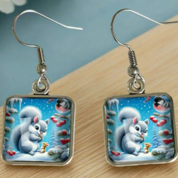 Winter christmas Gift earrings Holiday square‎ Squirrel Mouse animal print