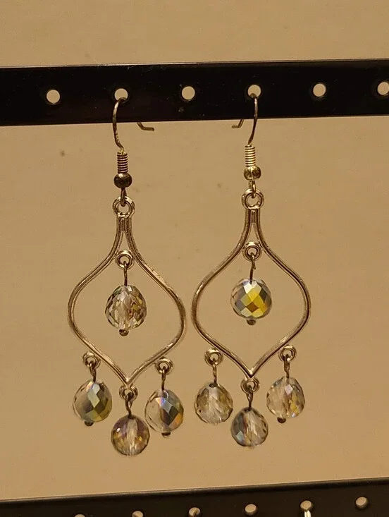Handmade Iridescent Silver-Tone Crystal Dangle Earrings 925 Earwire