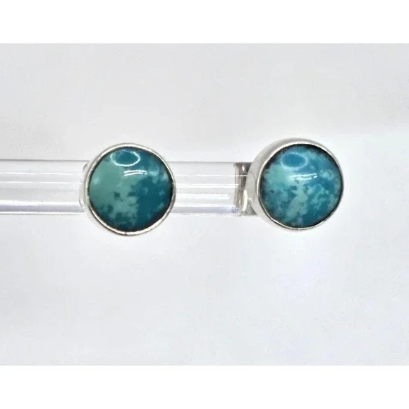 Turquoise Stud Earrings Sterling Silver 8mm Round Bezel Set Handmade Western NEW