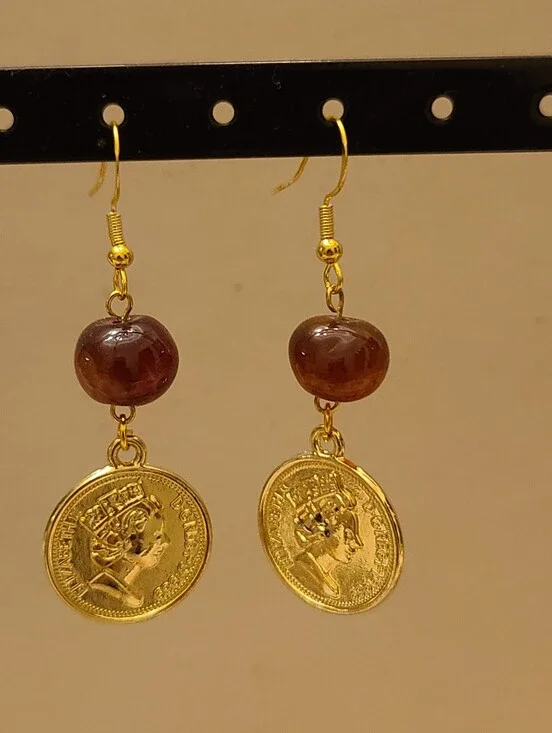 Handmade Gold Coin Drop Earrings with Red Agate Bead & 925 Earwire