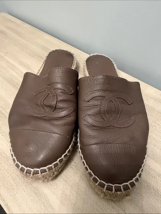 CHANEL Brown Leather Espadrille Mules