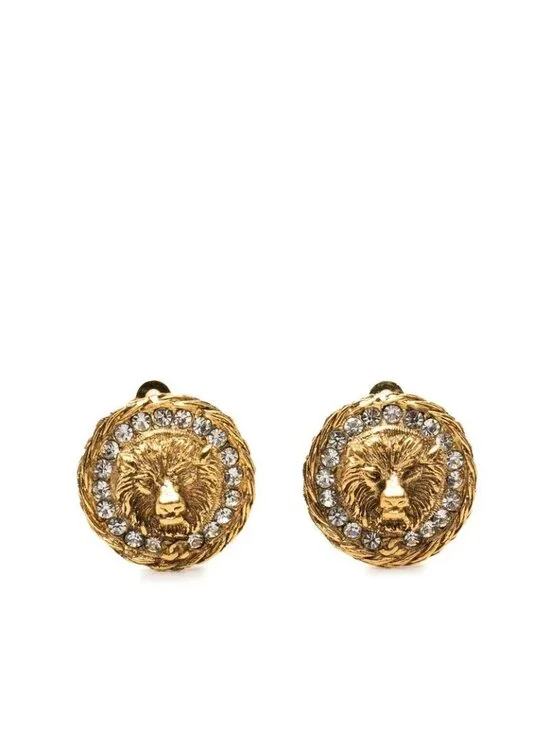 Chanel CC Logo Lion Motif Earrings Gold Plated Rhinestone