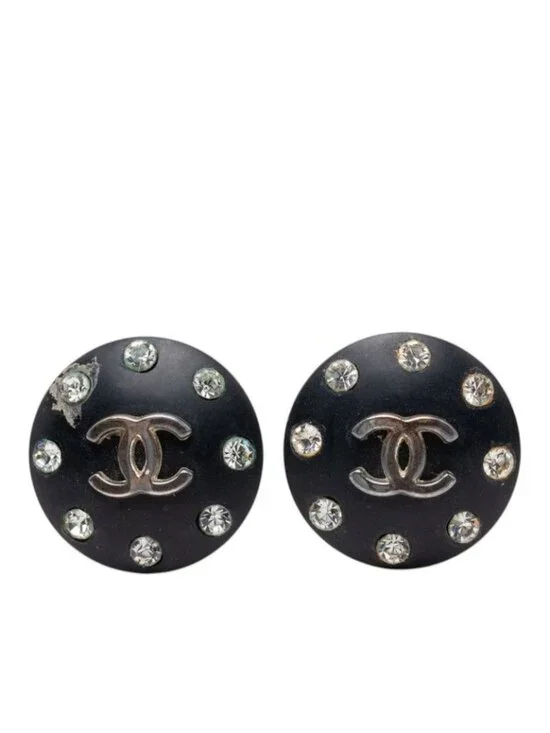 Chanel CC Logo Round Earrings Black Plated Rhinestone