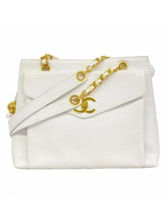 Chanel Chain Tote Caviar Leather White Gold