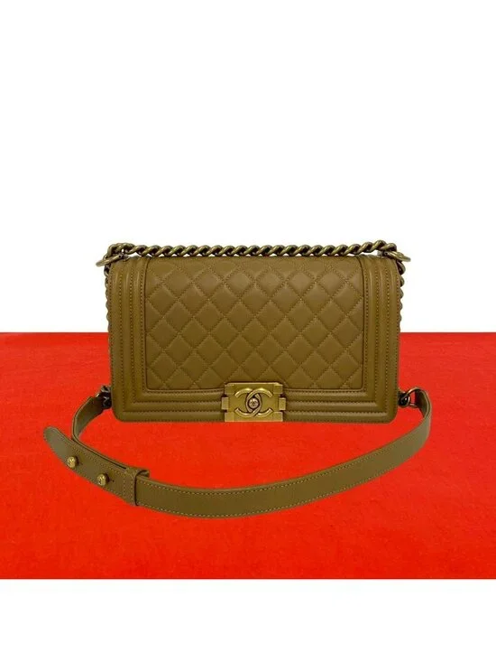Chanel Boy Lambskin Leather Chain Shoulder Bag Brown