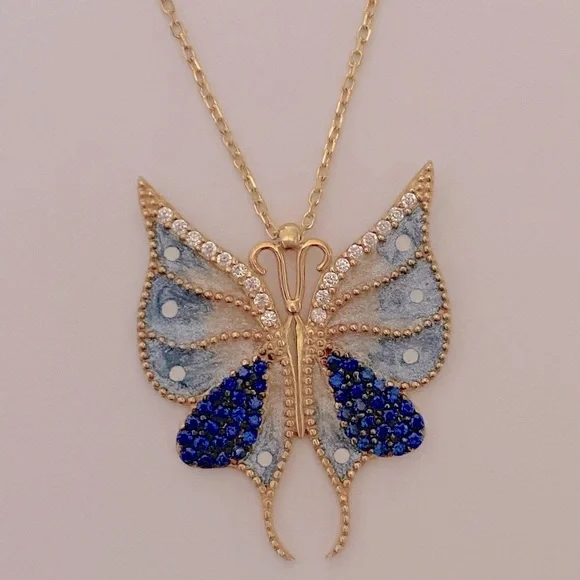 🦋 Butterfly necklace 925 silver sapphire blue cz stones 18k yellow gold plated