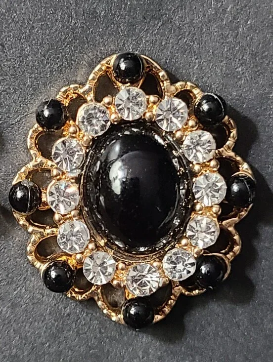 Gold-Tone Black Cabochon & Clear Crystal Filigree Earrings