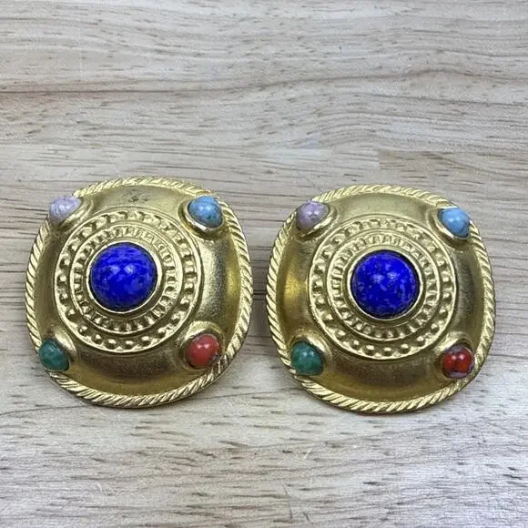 Vintage Stone Cabochon Chunky Gold Toned Clip On Earrings 1.25” Retro Colorful