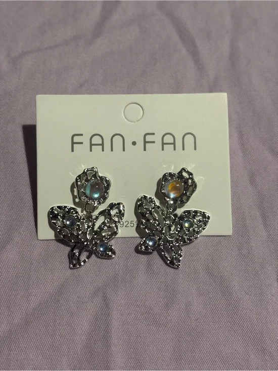 Silver Tone Butterfly Drop Earrings with Iridescent Stones