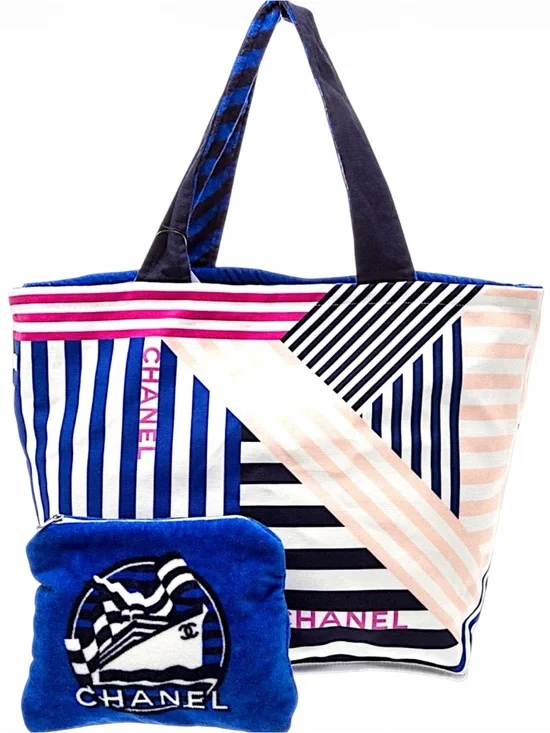Chanel La Pausa Reversible Beach Tote Blue Terry Cloth Cruise with Pouch
