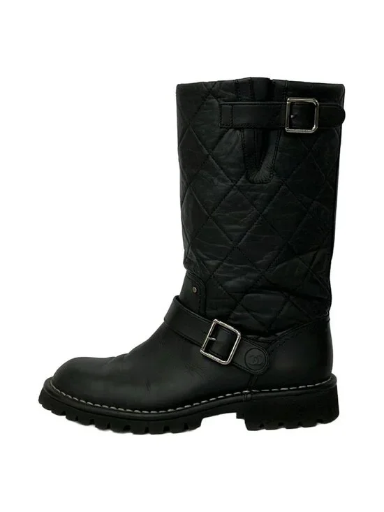 Chanel Short Boots 38 Black Quilted CC Logo Leather