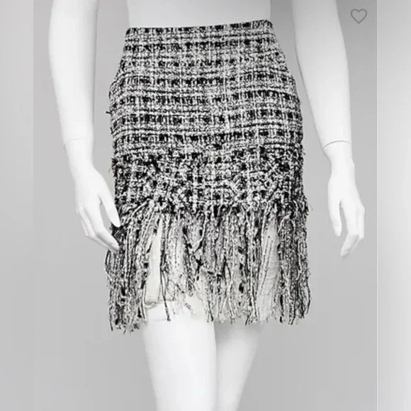 CHANEL Black and White Tweed Fringe and silk chiffon Mini Skirt 40 NO OFFERS