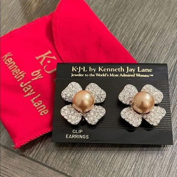 Vintage KJL Kenneth J Lane Rhinestone Pearl Flower Clip Earrings Dogwood Flower