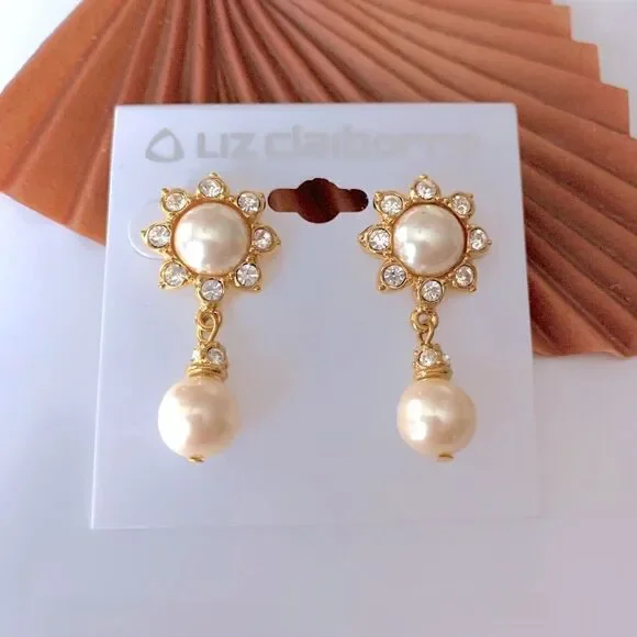 Liz Claiborne Pearl Rhinestone Drop Earrings