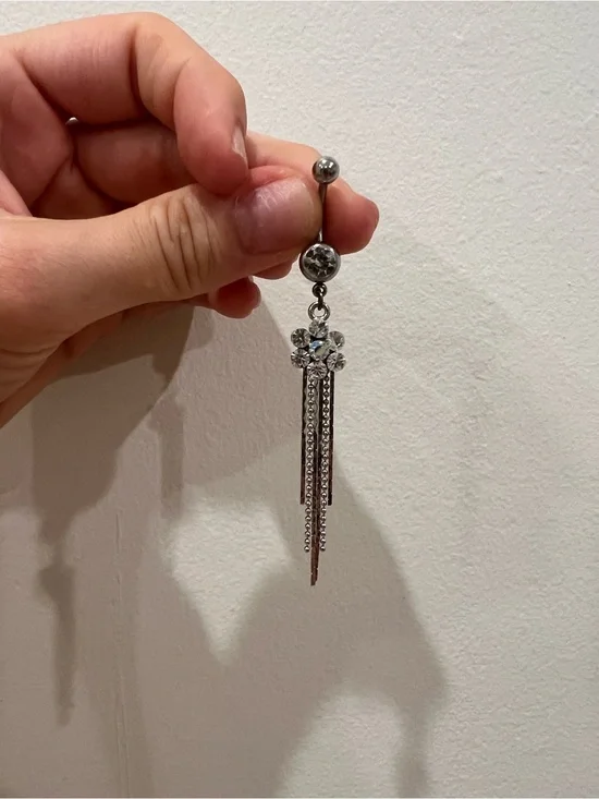 Crystal Flower Dangle Belly Button Ring - Silver