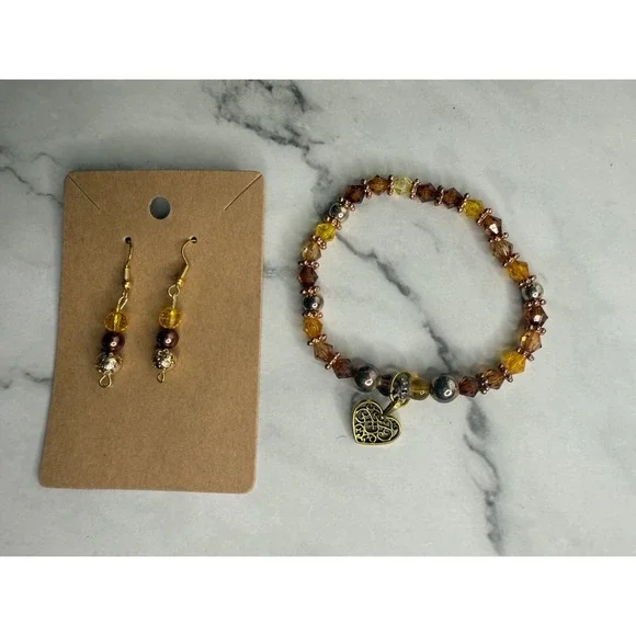 handmade beaded earrings and bracelet‎ set brown, yellow and gold tone heart