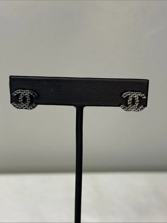 CHANEL CC Logo Stud Earrings Black Ruthenium Textured Costume Jewelry