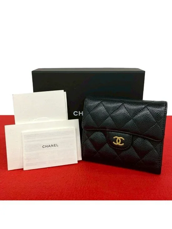 Chanel Small Flap Wallet CC Logo Caviar Leather Trifold Black