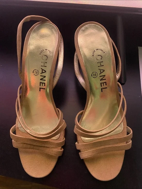 CHANEL Metallic Gold Multi-Strap Slingback Heels