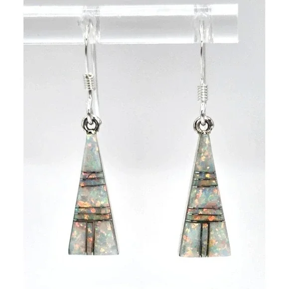 Fire Opal Dangle Earrings Sterling Silver Inlays Triangles Handmade 18.7mm NEW
